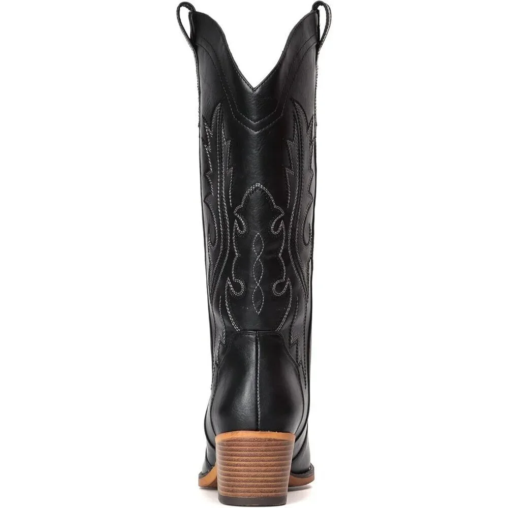 Women's Black Western Cowgirl Chunky Heel Mid Calf Snip Toe Insteps Boots